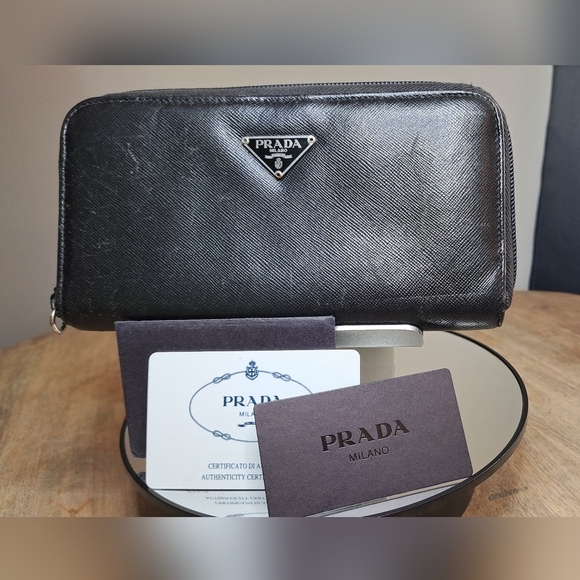 Prada Handbags - Prada Black Saffiano Leather Zip-Around Wallet